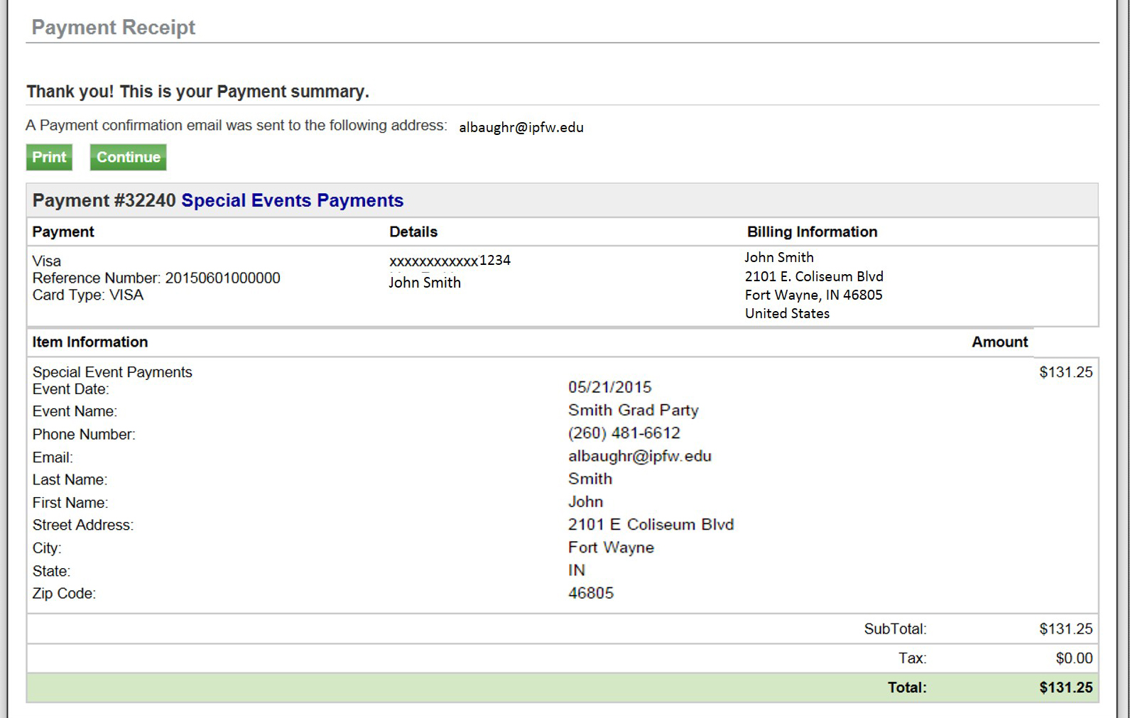 Special Events Online Site (Payment)